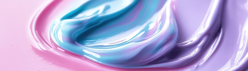 Fototapeta premium Futuristic cosmetic texture featuring iridescent gel swirls in soft pastel colors with glowing reflections for modern designs