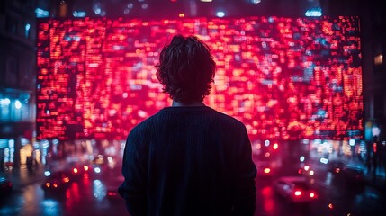 Person observing a vibrant city night illuminated by red lights
