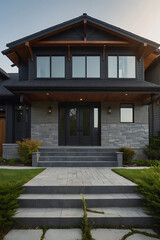 Fototapeta premium Modern Gray Stone House Exterior: Contemporary Home Design and Architecture