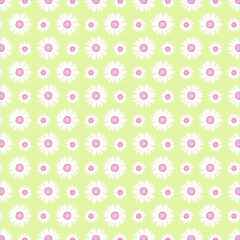 Cute white and pink daisy seamless pattern on light green background, perfect for spring fabric, kids textiles, wrapping paper, and cheerful decor.