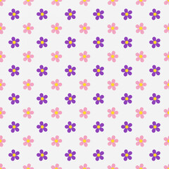 White background ditsy floral seamless pattern with pink and purple flowers, ideal for cute fabric, baby textiles, wrapping paper, and feminine designs.
