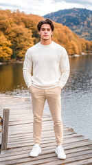 Fototapeta premium A man in a white sweater and beige chinos, standing on a wooden boardwalk overlooking a calm mountain lake surrounded by autumn colors