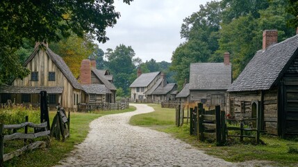 A serene cobblestone path winds through an old village with rustic wooden buildings and green trees