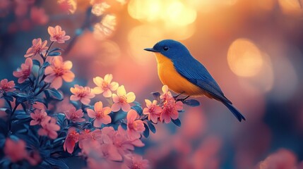 Obraz premium Blue bird perched on pink blossoms at sunset.