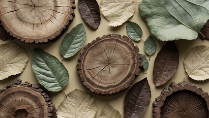 Natural wood and leaves arranged artistically on a soft surface, highlighting the beauty of nature's textures and colors for artistic inspiration