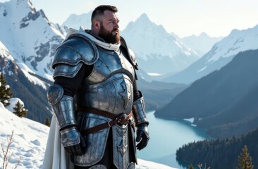 knight in shining armor stands against stunning alpine backdrop with snowy mountains and lake. medieval fantasy adventure. ancient warrior on book cover or inspirational poster.