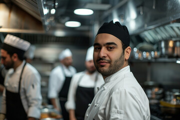 Fototapeta premium Generative AI Depiction of a Professional Male Chef Working in a Busy Restaurant Kitchen