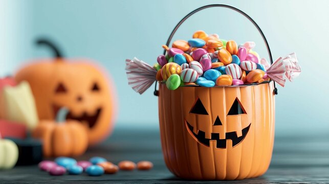 Colorful Halloween Candy in Pumpkin Bucket for Festive Celebration - Powered by Adobe