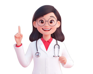 Smiling female doctor with stethoscope, pointing up, 3D render. isolated on transparent background.