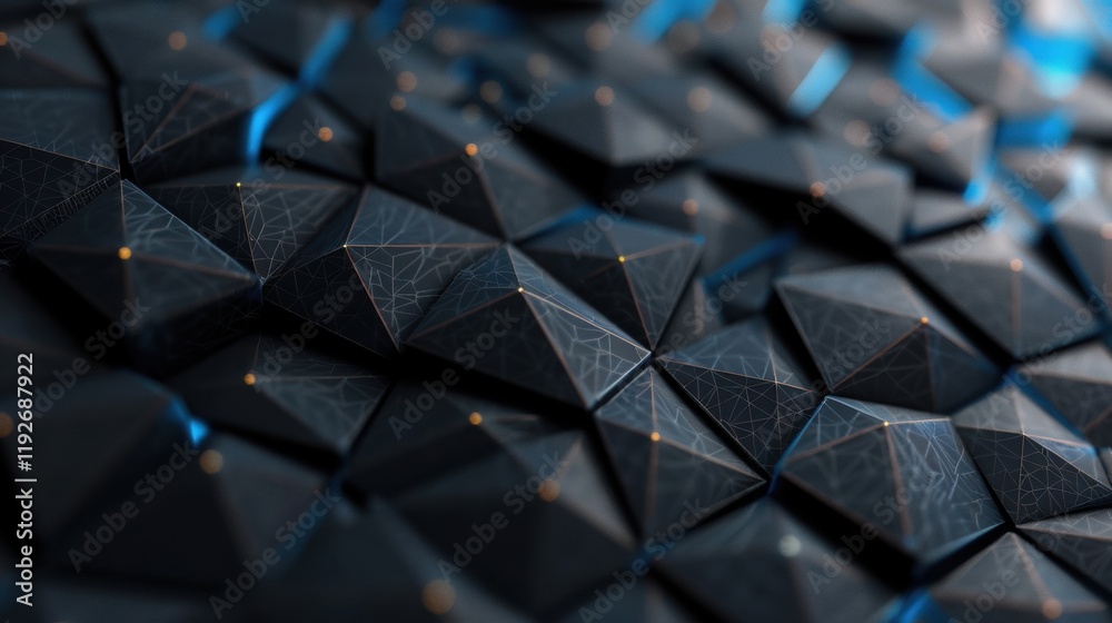 Poster sleek geometric design features black and blue triangular patterns with illuminated edges, creating 