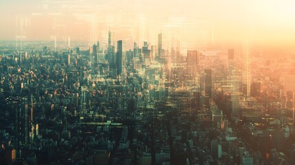 A cityscape with digital overlays of economic indicators, including fluctuating stock market graphs and inflation rates, highlighting the broader financial impact on urban areas. 