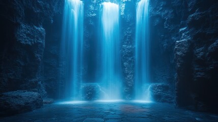 Blue cave waterfall interior.