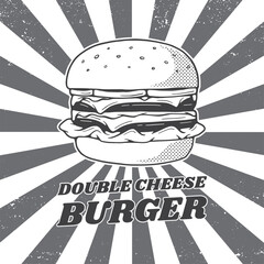 Vintage double cheeseburger graphic for street food advertisement design. Retro style fast food restaurant sign illustration, vector.