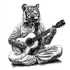 Fototapeta premium A tiger playing a guitar while sitting cross-legged on the floor, drawn in black and white illustration style with a white background 