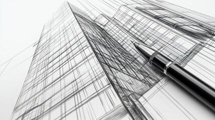 Fototapeta premium Architectural Design: Skyscraper Blueprint with Pen
