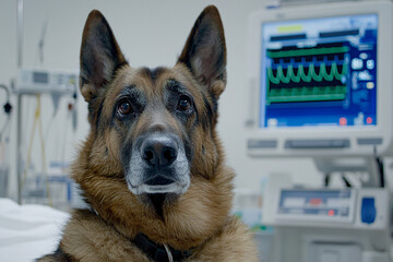 calm german shepherd awaiting checkup, modern medical equipment around