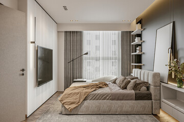 Interior of  the modern and bright Bedroom- 3D Rendering, 3D Illustration