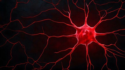 A vibrant red neuron, with its intricate network of branching axons and dendrites, is strikingly depicted against a dark, textured background.