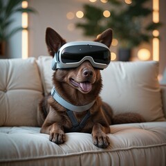 Obraz premium Dog explores the world through virtual reality goggles while relaxing indoors 
