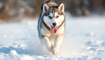 Naklejka premium Siberian Husky Running in the Snow: A Winter Wonderland Adventure
