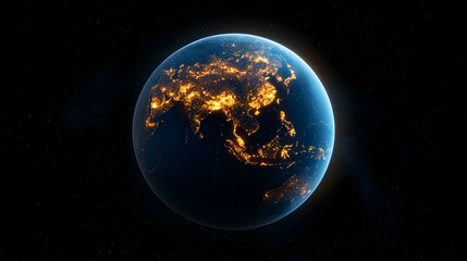 Obraz premium A digitally rendered image of Earth at night, showing the city lights of Asia and surrounding regions illuminated against the backdrop of a dark, star-studded space.