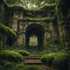 An ancient stone ruin overgrown with moss and vines.