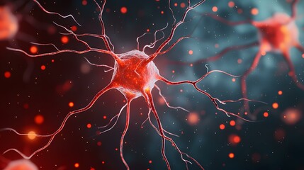 The image shows a highly detailed microscopic view of a neuron, its soma glowing red, with numerous dendrites extending outward, all set against a dark background speckled with red and orange particl