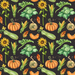 Seamless autumn harvest pattern with pumpkins, zucchini, cabbage, corn, sunflower, leaves. Farm products healthy vegetables, gardening. Hand drawing background for wrapping paper, textiles, design