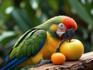 Fototapeta premium Colorful parrot eating fruit on a wooden branch, vibrant tropical setting