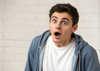 Young Man in Casual Clothes with Round Eyes, Experiencing Astonishment and Fear