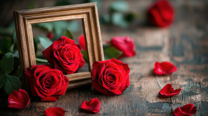 Red roses arranged with wooden frame, creating romantic atmosphere. petals scattered around enhance beauty of this floral display