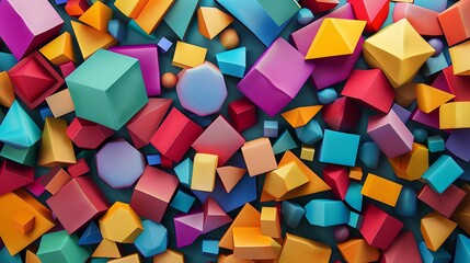 A colorful abstract background featuring various geometric shapes in bright hues of red, blue, green, purple, and yellow, arranged randomly and overlapping on a dark blue background.
