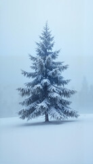 Fototapeta premium Snow-covered evergreen tree in winter landscape, serene atmosphere, peaceful nature