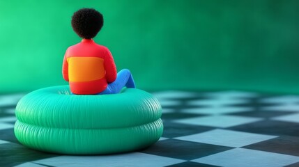 Person wearing colorful attire sits on green inflatable seat, abstract concept of relaxation and solitude in vibrant setting