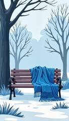 Empty bench with blue blanket in snowy park, serene winter atmosphere