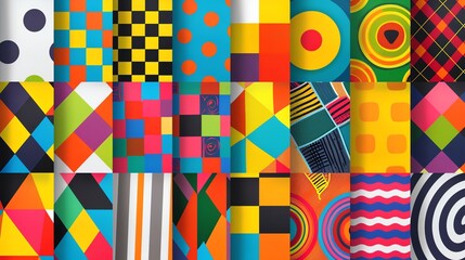 A collage of 24 different geometric patterns, each featuring a unique combination of colors, shapes, and textures.