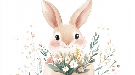 Obraz premium Cute rabbit holding a bouquet of flowers in a soft, cheerful illustration suitable for springtime decor or greeting cards. Generative AI