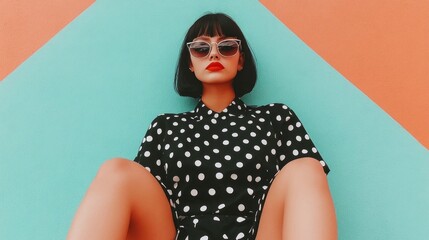 Fashion-forward woman in polka dot dress and sunglasses against colorful geometric background, epitomizing retro style and summer chic