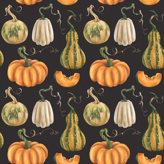 Cozy seamless autumn pattern with orange, black, green pumpkins on a black background. Farm products, healthy vegetables, gardening. Hand drawing background for wrapping paper, textiles, design