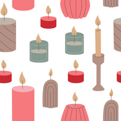 Various candle in soft tones, arranged on a white background. A seamless pattern featuring, ideal for decor and textile design. Graphic pattern for fabric, wallpaper, packaging.