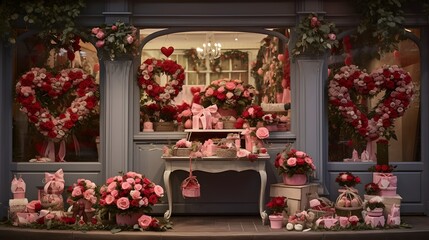 Beautifully curated Valentine s Day floral shop display featuring a variety of romantic flower arrangements festive elegant presentation for a special holiday occasion