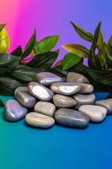 Polished healing stones with lush green leaves on a vibrant gradient background, perfect for wellness, meditation, and relaxation concepts