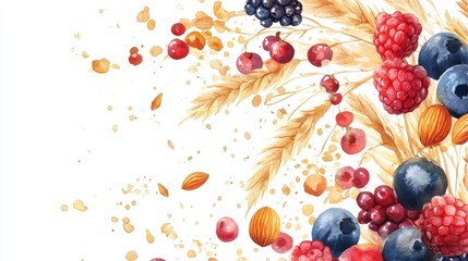 Oats illustrated in watercolor, adorned with vibrant berries and nuts, symbolizing health and creativity.