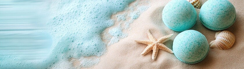 Obraz premium Calming ocean-themed bath bombs nestled in soft sand with seashells and starfish, perfect for a relaxing spa experience