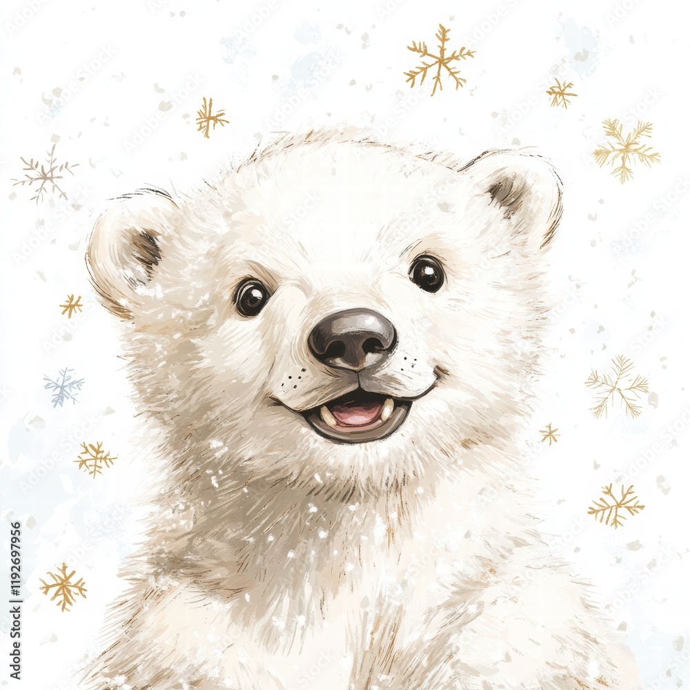 Poster cute polar bear cub smiles joyfully against a snowy background with delicate snowflakes falling in w