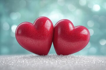 Fototapeta premium Two red hearts showing love and affection on glitter