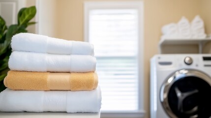 Neatly stacked soft towels bask in warm sunlight laundry room. AI Generated