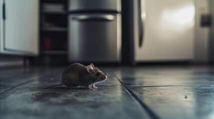 small mouse on tiled floor near refrigerator, showcasing its curious nature in home environment. low angle perspective adds depth to scene
