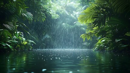Fototapeta premium Lush tropical rainforest during a rainy storm with water droplets and rippling pools