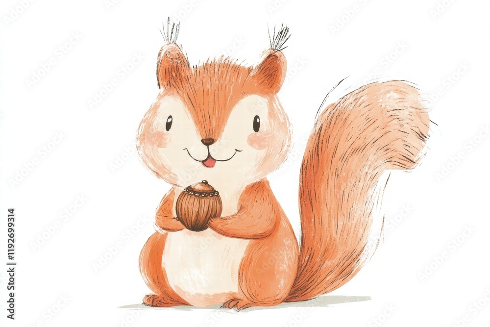 Fototapete cute illustration of a cheerful squirrel holding an acorn in a playful style with soft colors and a 